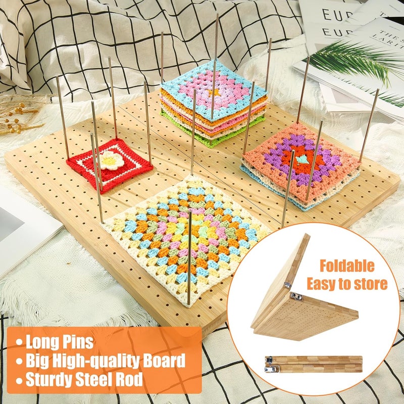 Aulin 15.5"" x 15.5"" Foldable Crochet Blocking Board with Pegs | 35 Stainless Steel Rod Pins - Upgrade Large Blocking Boards for Crochet Projects, Gifts for Crocheters, Mothers, Grandmothers - Image 3